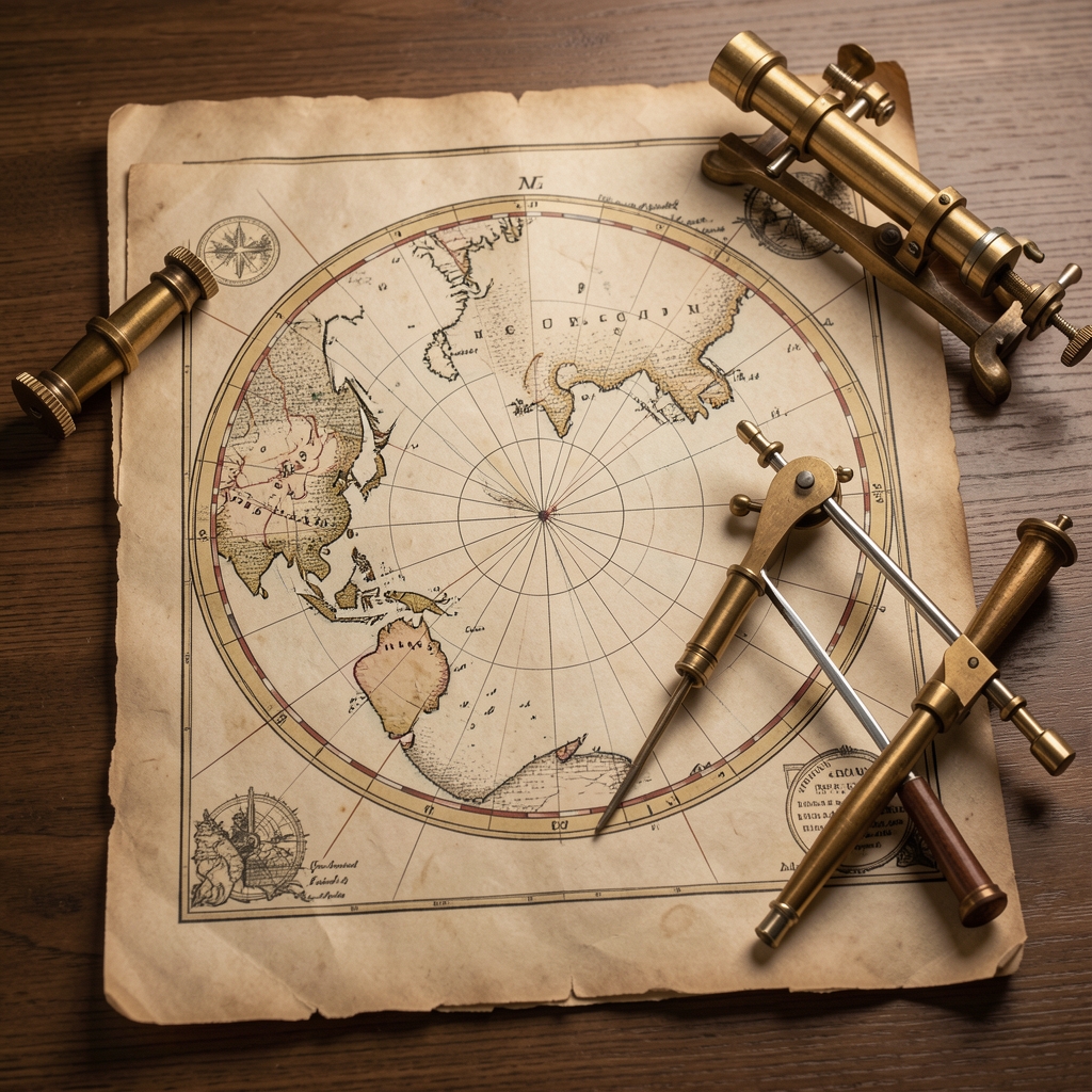 Reproducción de un antiguo mapa celeste sobre pergamino junto a instrumentos de observación