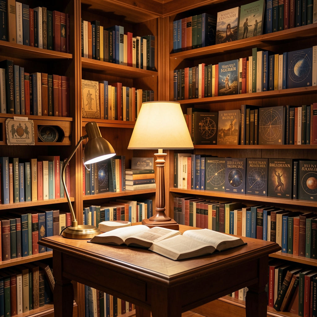 Biblioteca con libros de mitología y astronomía bajo una lámpara cálida