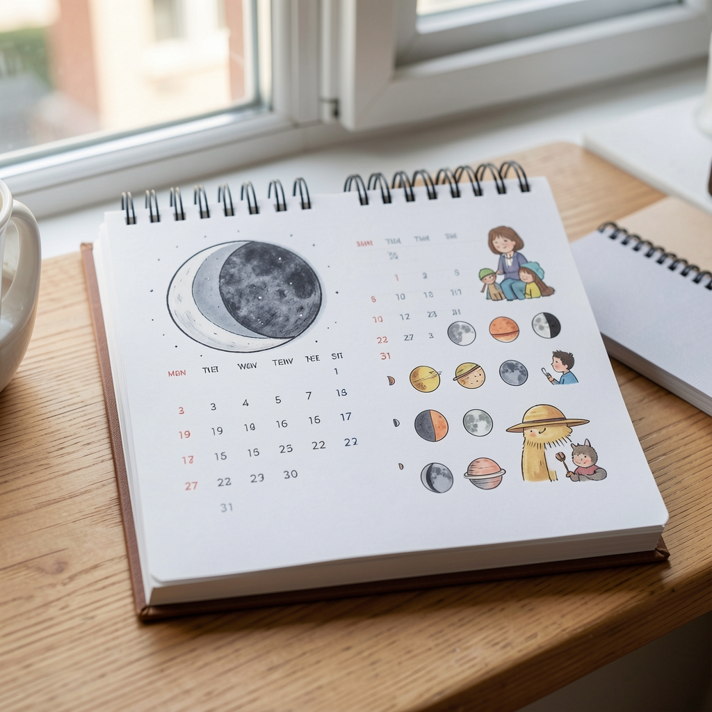 Cuaderno mensual con calendario lunar dibujado y pequeñas ilustraciones de fases junto a una ventana