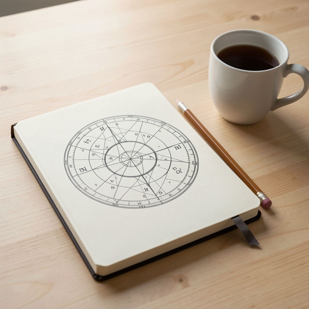 Carta astral impresa junto a un cuaderno, lápiz y taza sobre un escritorio de madera claro