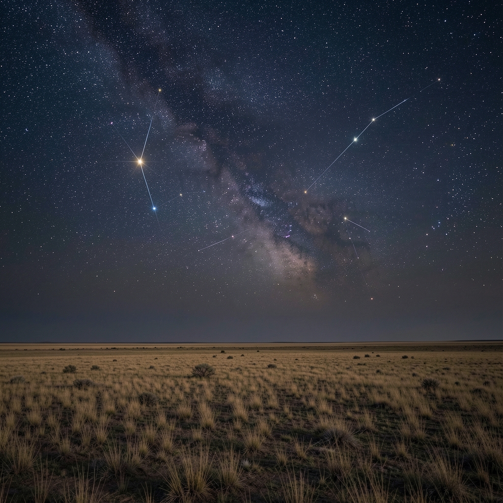 Constelaciones visibles sobre un paisaje abierto de la pampa argentina con horizonte oscuro