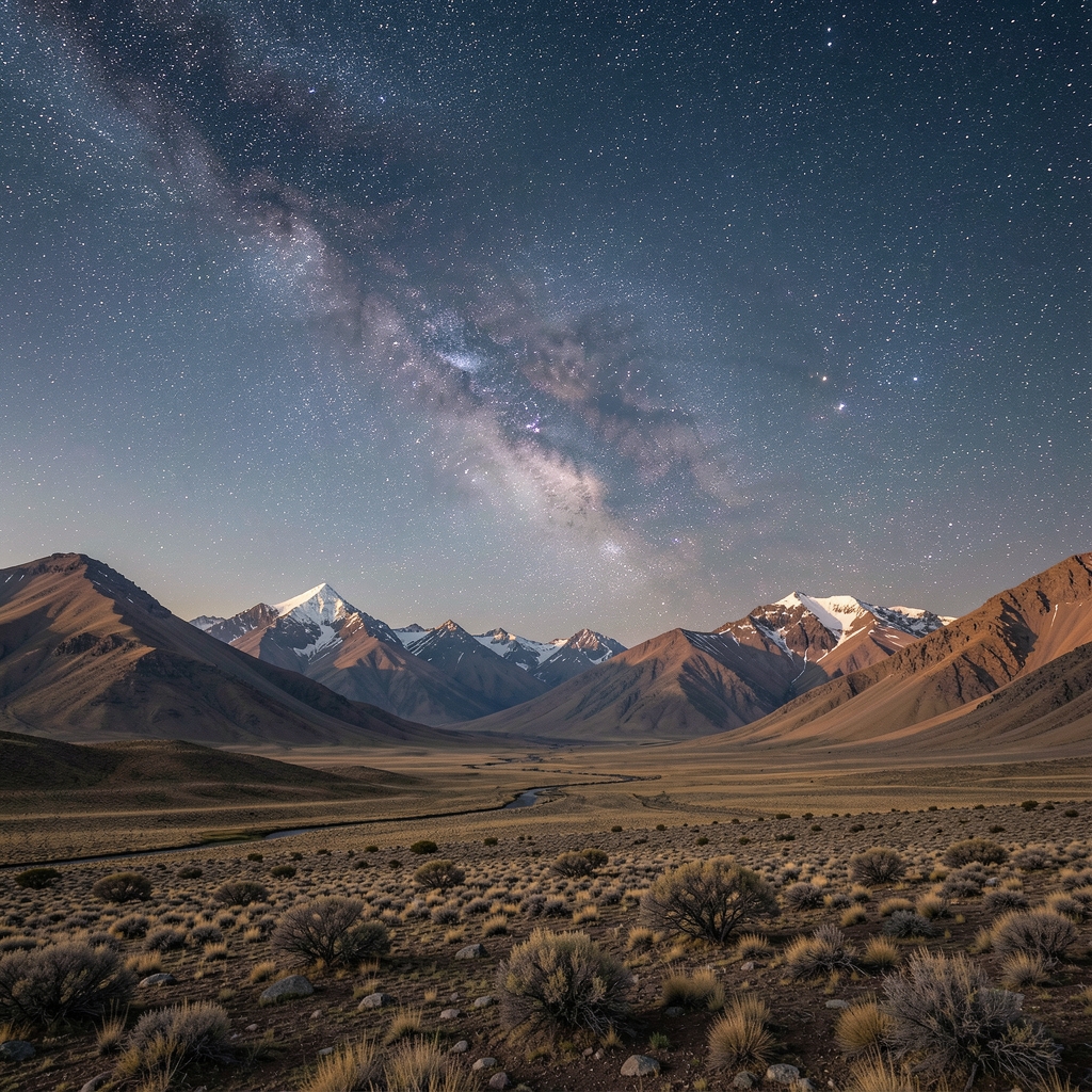 Cielo nocturno con constelaciones sobre un paisaje patagónico y montañas lejanas