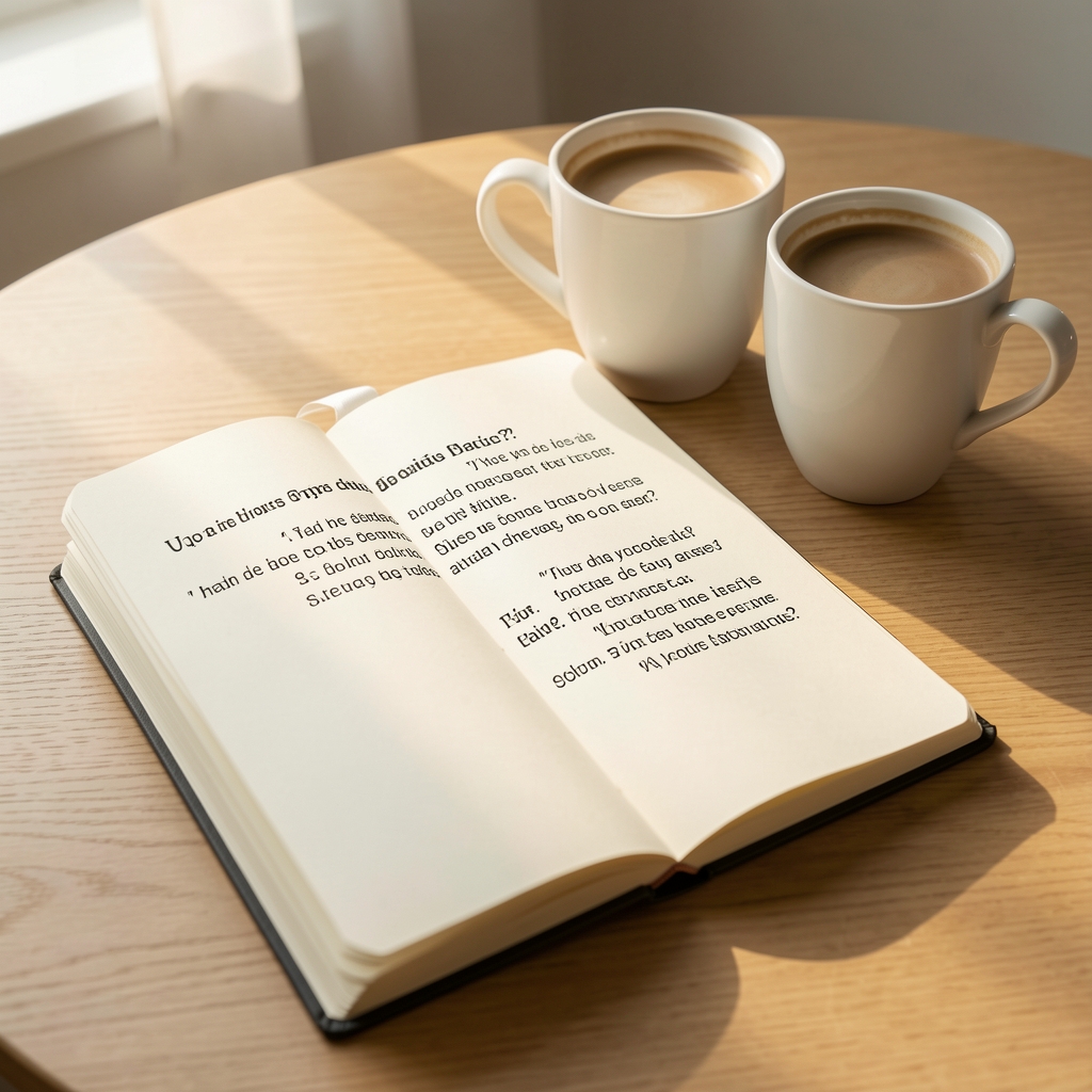 Cuaderno abierto con preguntas de diálogo junto a dos tazas en una mesa luminosa
