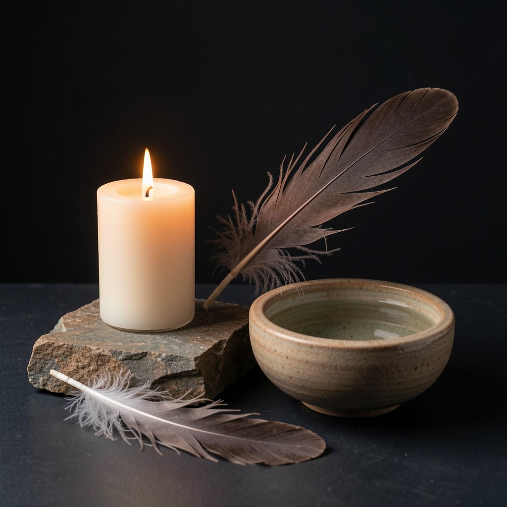 Composición natural con vela, piedra, pluma y cuenco de agua sobre fondo oscuro representando los cuatro elementos