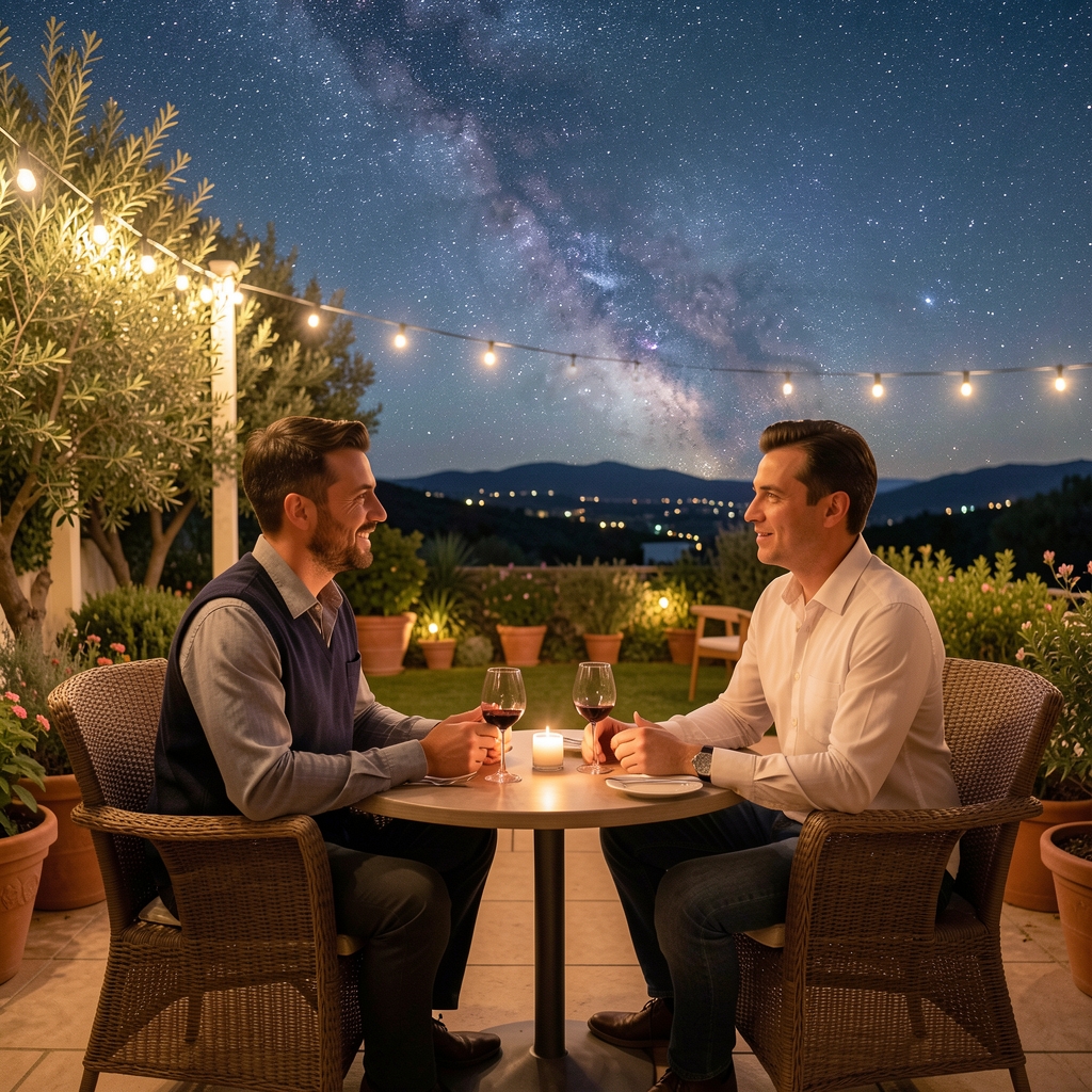 Dos personas conversando en una terraza de Buenos Aires bajo un cielo estrellado y luces cálidas