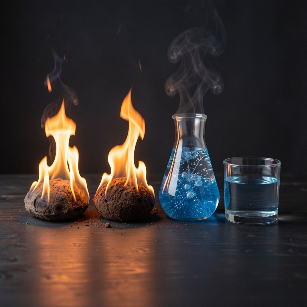 Cuatro objetos naturales representando fuego tierra aire y agua en una mesa oscura