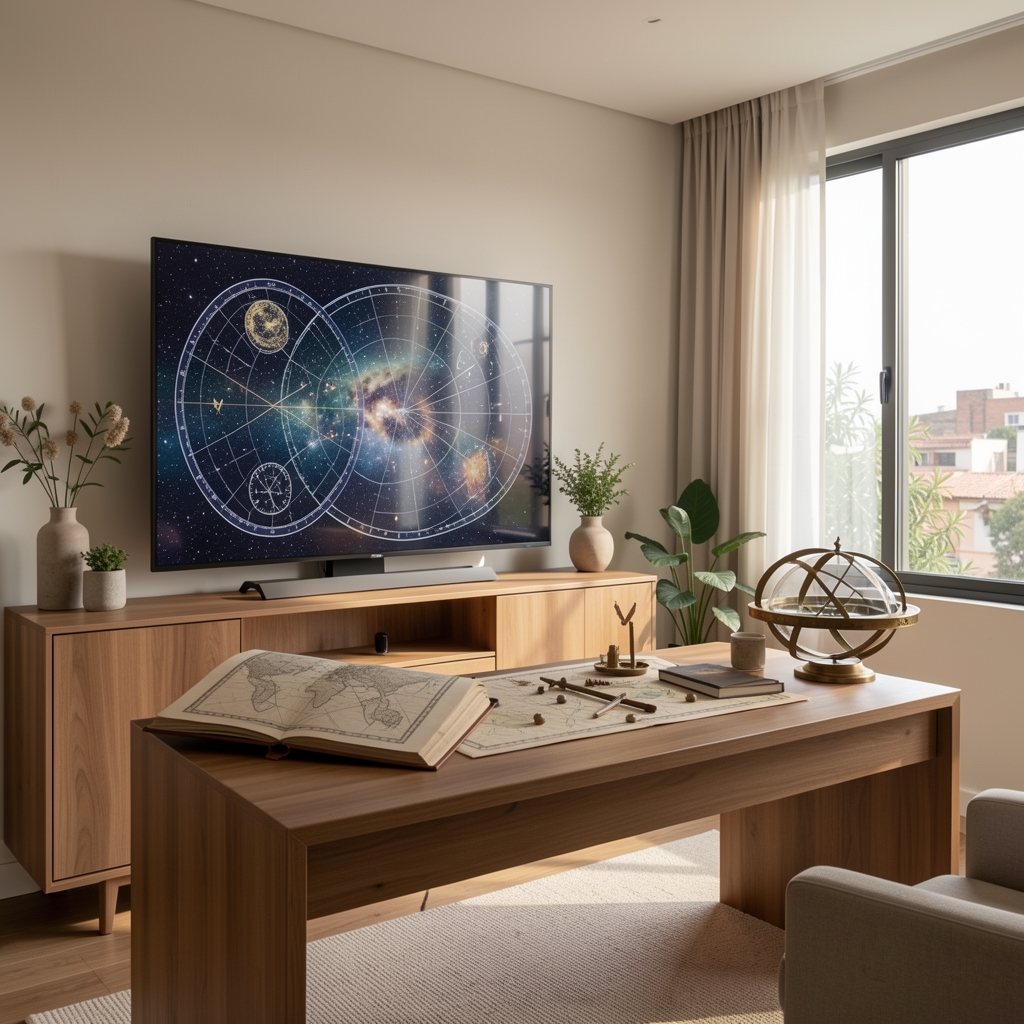 Estudio moderno de astrología con pantalla, atlas celeste y luz natural en un hogar argentino
