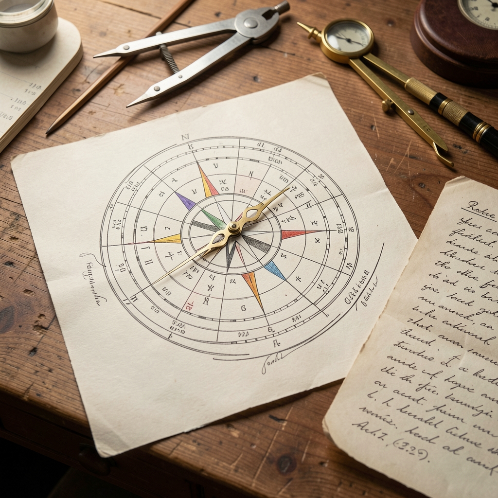Carta astral circular sobre papel junto a un compás y notas manuscritas en una mesa de estudio