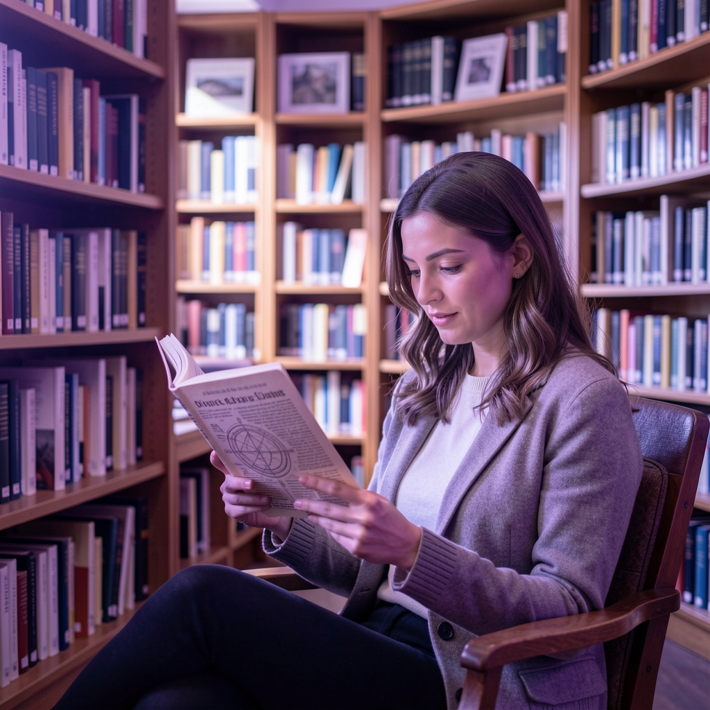 Persona leyendo un artículo de astrología en una biblioteca tranquila con luz violeta suave