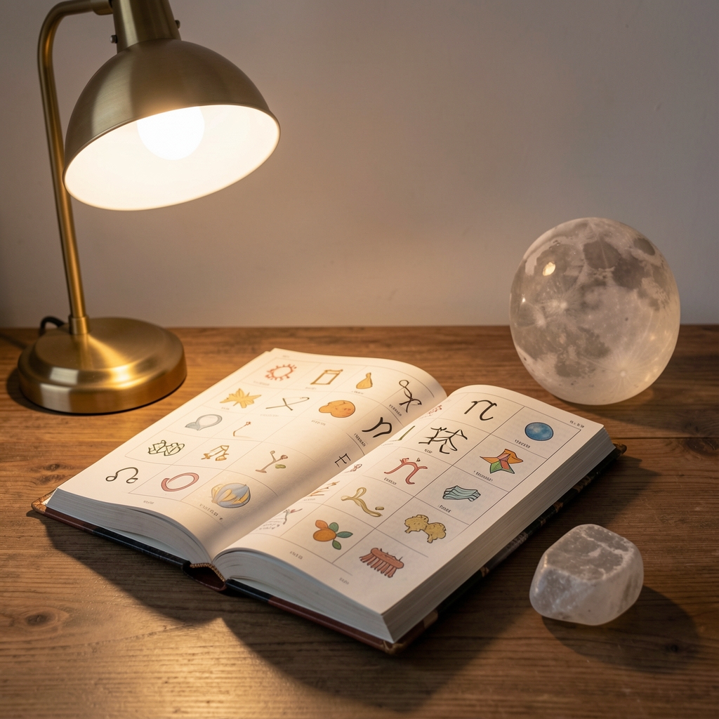 Libro abierto sobre signos zodiacales junto a una lámpara de lectura y una piedra lunar