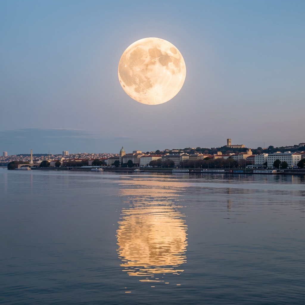 Luna llena reflejada sobre el Río de la Plata con horizonte de Buenos Aires