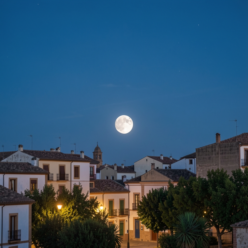 Luna creciente sobre edificios bajos y árboles de Córdoba en una noche azul profunda