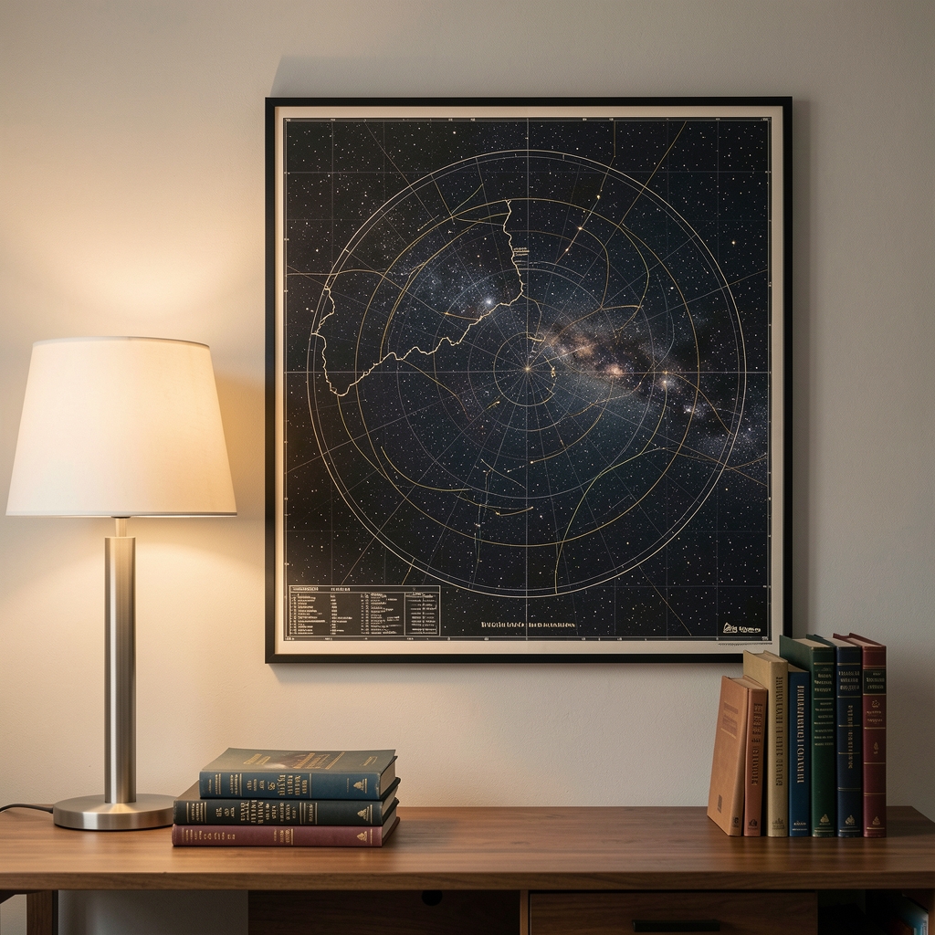Mapa estelar contemporáneo colgado en una pared junto a una lámpara y libros de astronomía