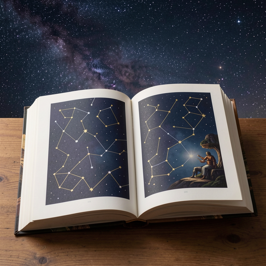 Libro de mitología abierto en una página sobre constelaciones con cielo nocturno al fondo