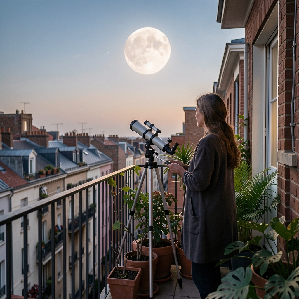 Persona observando la Luna desde un balcón urbano con un pequeño telescopio y plantas
