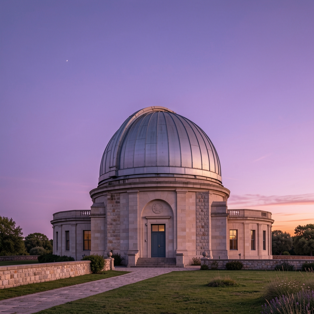 Observatorio astronómico de Buenos Aires al atardecer con cúpula y cielo violeta