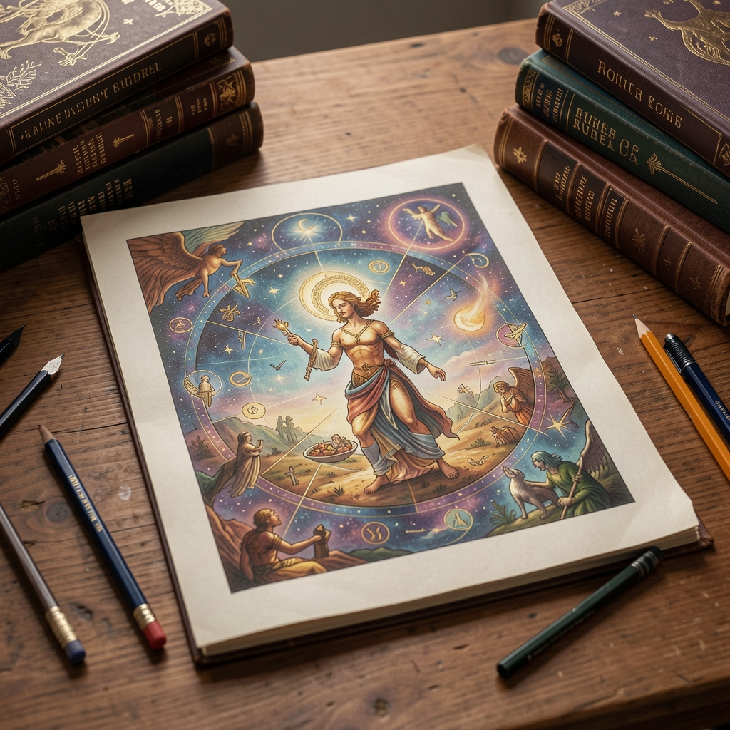Rueda zodiacal ilustrada sobre una mesa de estudio con lápices y libros de mitología