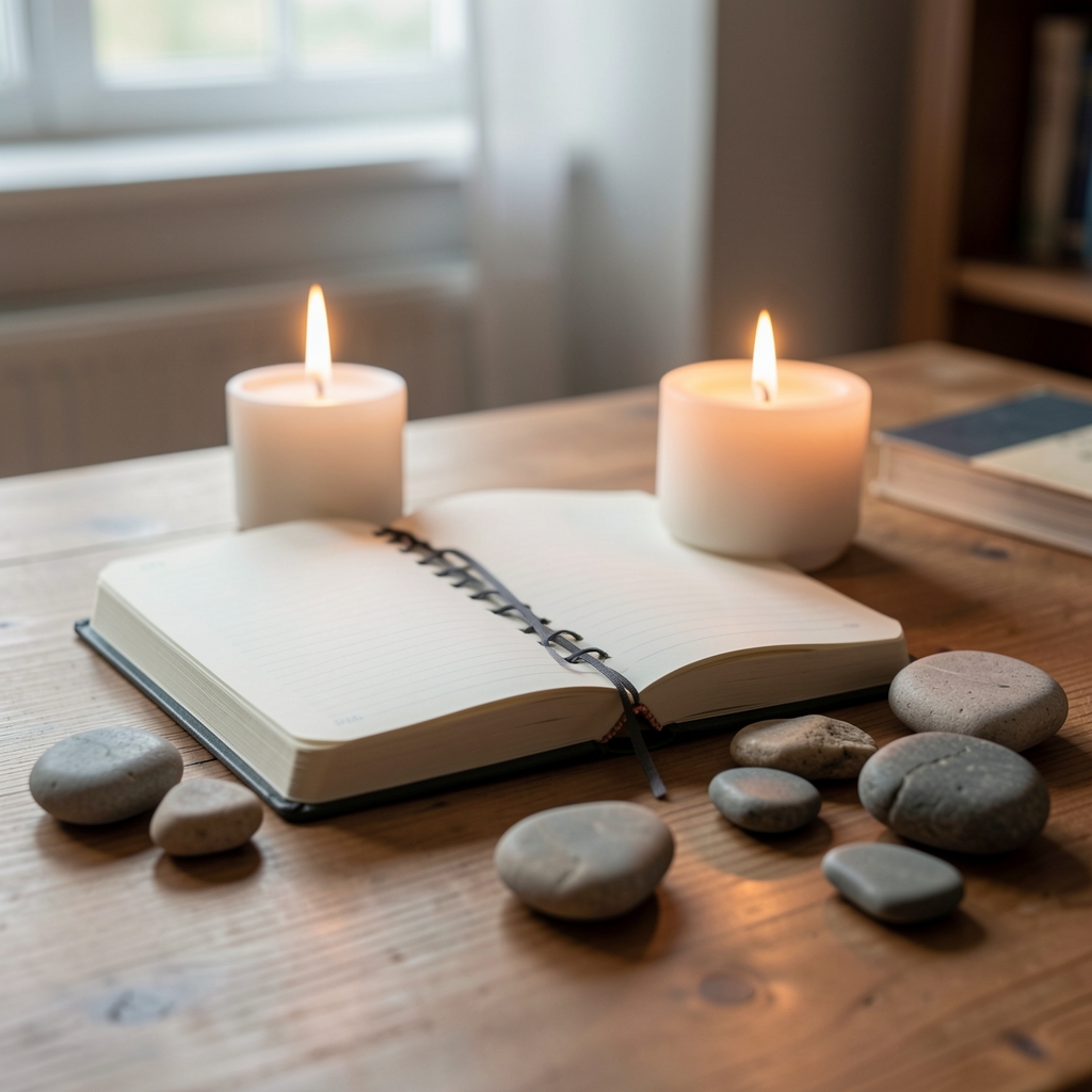 Vela encendida junto a cuaderno de reflexión y piedras naturales en una mesa serena
